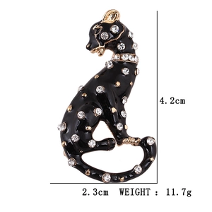 Crystal leopard brooch in black enamel finish with measurements and weight details