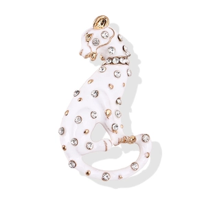 Elegant white enamel leopard brooch with sparkling crystals and gold accents for suits