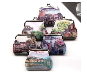 Set of six mini coin purses with Chinese ink painting of ancient water towns