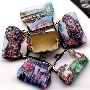 Vintage landscape print coin purses with metal kiss-lock closure and retro artistic design