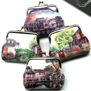 Vintage Landscape Print PU Leather Coin Purse Women Retro Kiss-Lock Mini Wallet With Metal Clasp For Coins Small Change