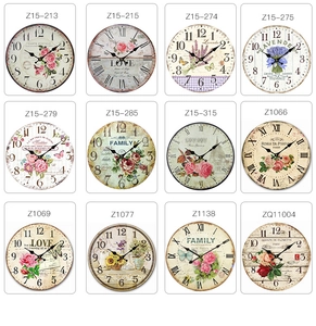 Detailed catalog of vintage round wooden wall clocks with various artistic patterns