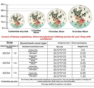 Size chart for vintage wooden wall clock with dimensions 12, 14, and 16 inches