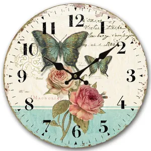Vintage 12-inch wooden wall clock with floral rose design and silent movement