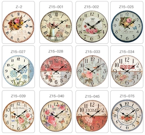 Catalog view of twelve assorted round wooden wall clocks with various floral patterns