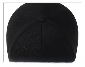 Close-up of the meticulous six-panel stitching and top button of the black baseball cap