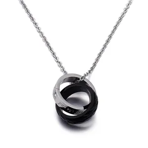 Titanium steel couple necklace with interlocking rings pendant and till the end engraving