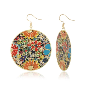 Vibrant floral enamel round drop earrings with elegant gold hooks on white background