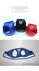 Detail of breathable mesh dog harness with reflective strips and adjustable buckle