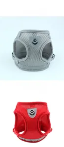 Close-up of breathable mesh pet harness in silver grey and red with durable side buckles
