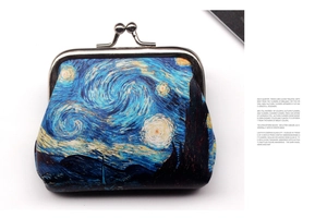 Detail of vintage coin purse featuring Van Gogh Starry Night print and silver metal clasp