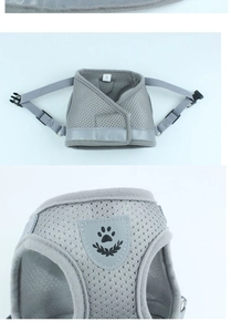 Detail view of the breathable mesh harness with S size label and reflective strip