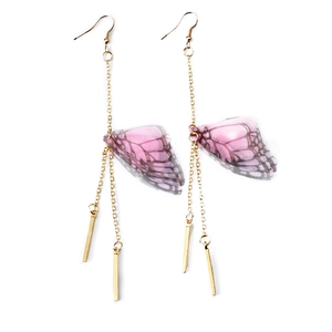 Elegant handmade butterfly wing earrings with pearls and long gold chain tassels