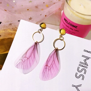 Retro butterfly wing earrings with purple tulle, gold finish, and pearl accents