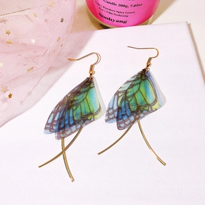 Vintage handmade long butterfly wing earrings with blue-green gradient and pearls