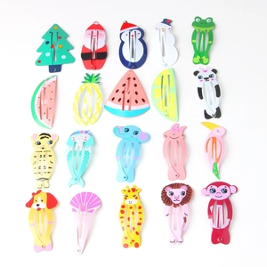 Detailed grid of 20 colorful cartoon metal hair clips with animals and fruit shapes