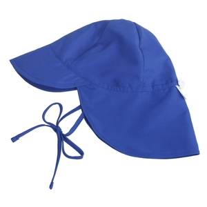 Detailed view of kids sun hat featuring a wide brim, neck flap and adjustable chin strap