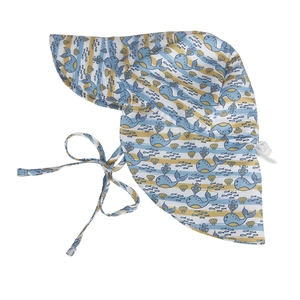 Detail of baby sun hat featuring long neck flap and nautical cartoon whale pattern