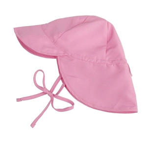 Detailed view of pink kids sun hat with wide brim, neck flap and adjustable chin strap