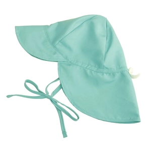 Detail of breathable baby sun hat with wide brim and neck flap protection in mint blue