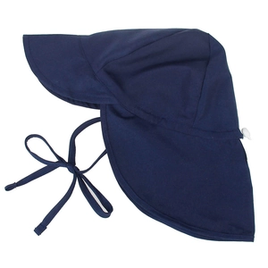 Detail of dark blue baby sun hat with wide neck flap and adjustable elastic toggle