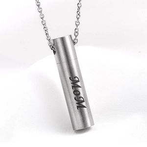 Cylinder stainless steel memorial necklace with MOM engraving on brushed metal pendant