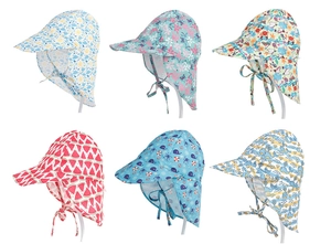 Detailed grid of six kids' sun hats with various cartoon prints and protective neck flaps