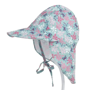 Kids breathable sun hat with neck flap featuring floral frog patterns for summer beach