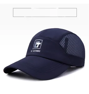 Detail of navy blue breathable mesh side panels on a quick-dry outdoor sports cap