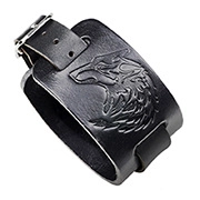 Detailed view of embossed wolf head pattern on black wide leather punk wristband