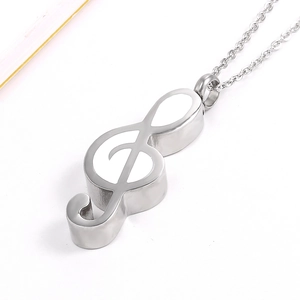 Polished silver musical note cremation urn necklace made of premium stainless steel