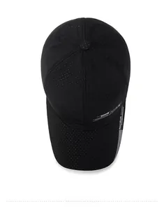 Overhead view of black breathable mesh baseball cap with white sports fashion printing