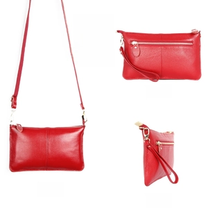 Three views of wine red leather crossbody bag with lychee texture and gold hardware