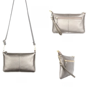 Detail view of silver-gray leather envelope bag with wristlet and crossbody strap options