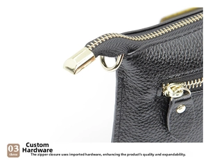 Detail of golden metal zipper closure and black lychee textured leather on crossbody bag