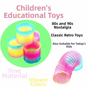 Detailed view of rainbow gradient spring toy with glitter finish and flexible plastic coils
