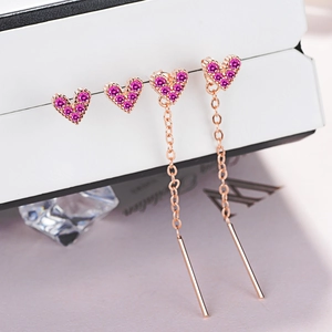 Rose Gold Copper Heart Shaped Zirconia Earrings For Women Simple Rose Red Stud Threader Drop Earrings Fashion Jewelry Accessories
