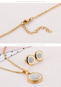 Detailed view of gold plated jewelry set featuring round cubic zirconia pavé pendants