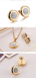 Detailed views of gold circular jewelry set with crystal pavé earrings and necklace