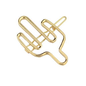 Minimalist gold metal cactus hair clip with a polished finish on a white background