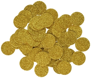 Macro shot of gold glitter circle confetti pieces for graduation party table decoration
