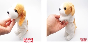 Detail of plush Basset Hound and Border Collie dog shaped large capacity pencil cases