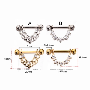 Stainless steel nipple rings with zircon in silver and gold finishes, set of four