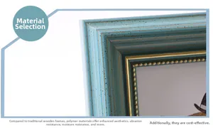 Detail of light blue polymer photo frame with dark grain texture and gold beaded trim