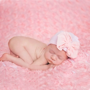 Baby Girl Knitted Beanie Newborn Hospital Hat Large Chiffon Bow Striped Soft Stretchy Headwear