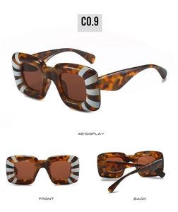 Three-view display of Y2K square sunglasses with tortoise and white stripe texture