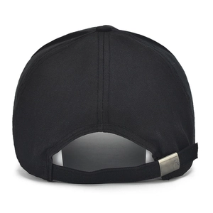 Rear view of black canvas baseball cap featuring a silver adjustable metal buckle closure
