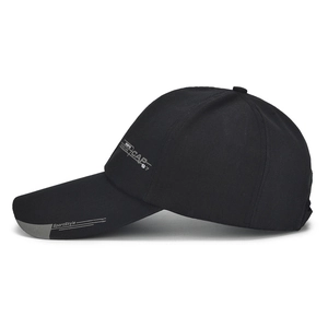 Classic black canvas baseball cap with athletic print and curved brim for men