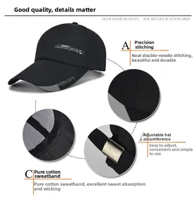 Detail view of black canvas baseball cap showing adjustable buckle and sweatband features