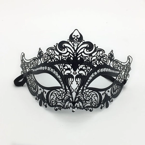 Detail of matte black laser-cut metal masquerade mask with sparkling rhinestones